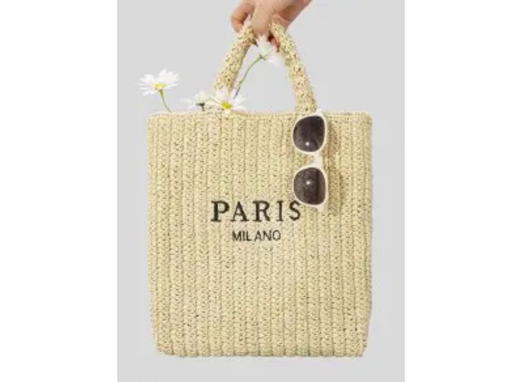 Letter Embroidered Design Straw Raffia Basket Tote Bag